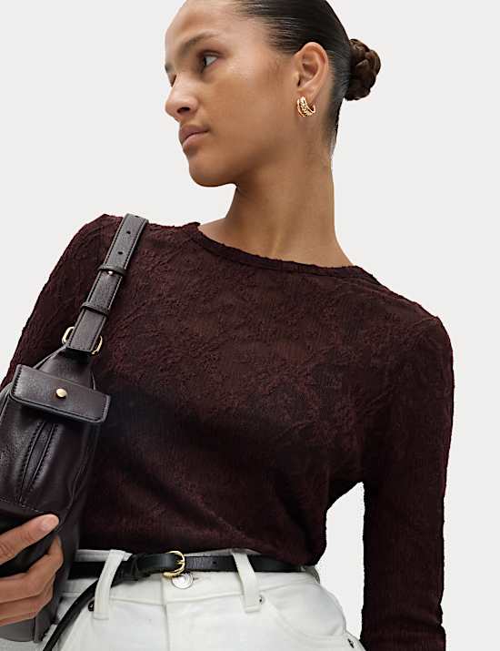 Long Sleeve Floral Mesh Slash Neck Top