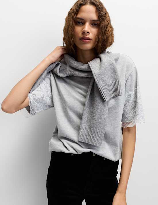 Cotton Blend Lace Sleeve T-Shirt