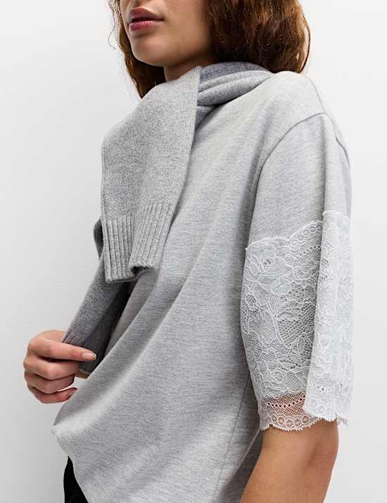 Cotton Blend Lace Sleeve T-Shirt