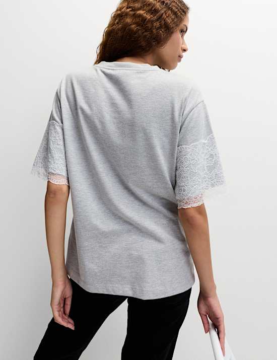 Cotton Blend Lace Sleeve T-Shirt