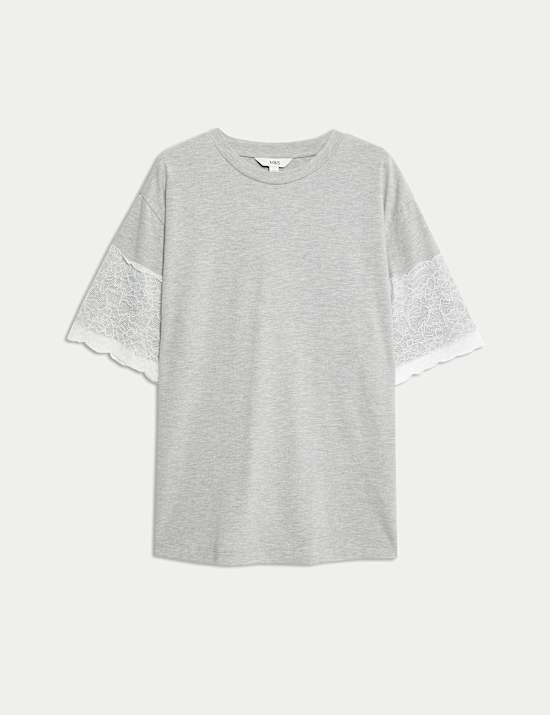 Cotton Blend Lace Sleeve T-Shirt