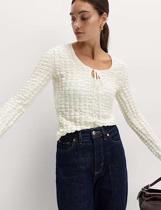 Textured Keyhole Tie Detail Long Sleeve Top