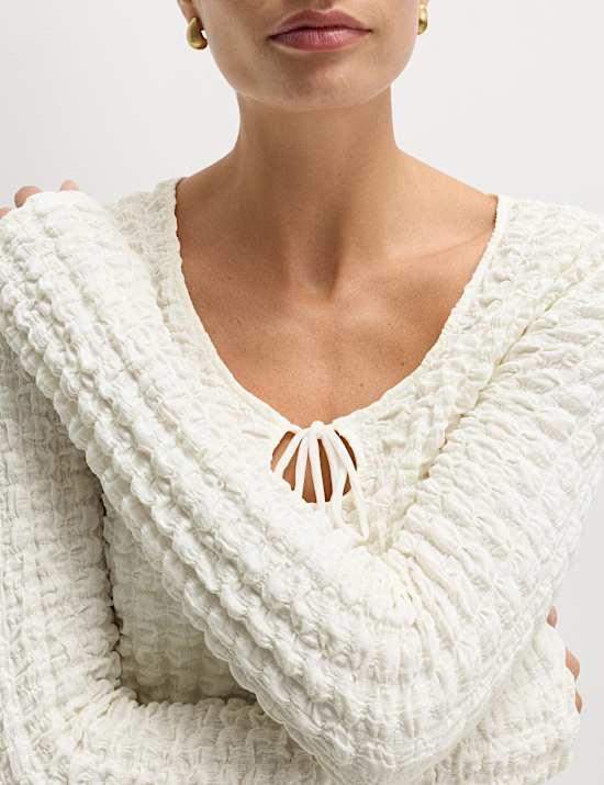 Textured Keyhole Tie Detail Long Sleeve Top