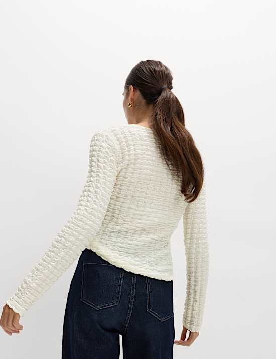 Textured Keyhole Tie Detail Long Sleeve Top