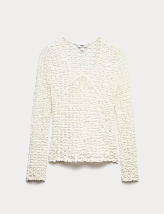 Textured Keyhole Tie Detail Long Sleeve Top