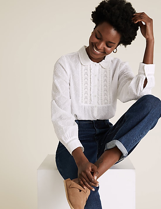 Pure Cotton Textured Lace Insert Blouse