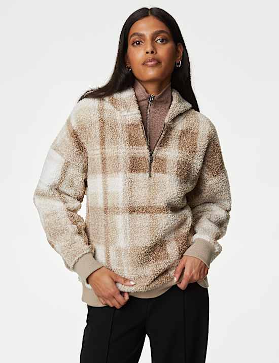 Borg Checked Half Zip Hoodie