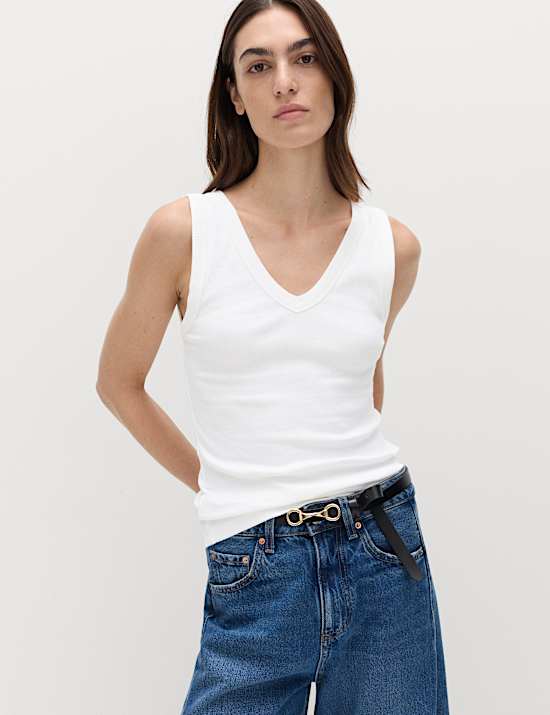 Katoenrijk, geribbeld hemdje met V-hals