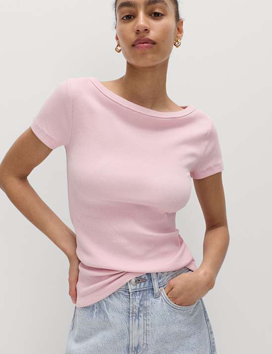 Cotton Rich Ribbed Slash Neck T-Shirt