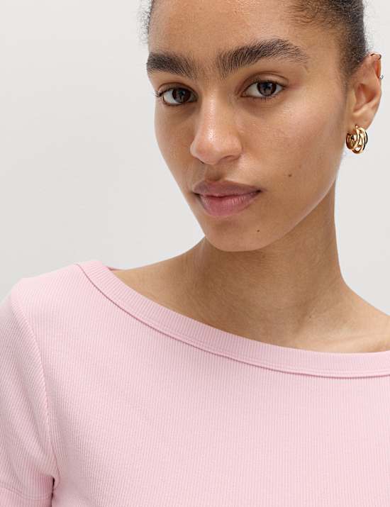 Cotton Rich Ribbed Slash Neck T-Shirt