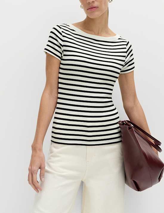 Cotton Rich Ribbed Slash Neck T-Shirt