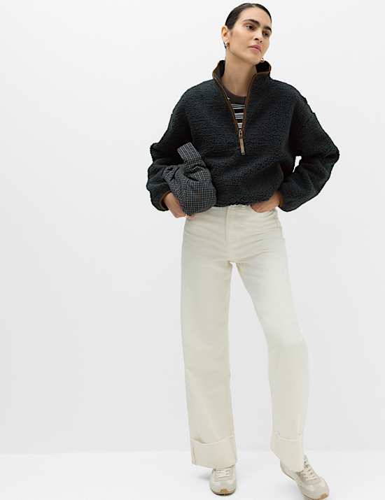 Borg Contrast Seam Half Zip Sweatshirt