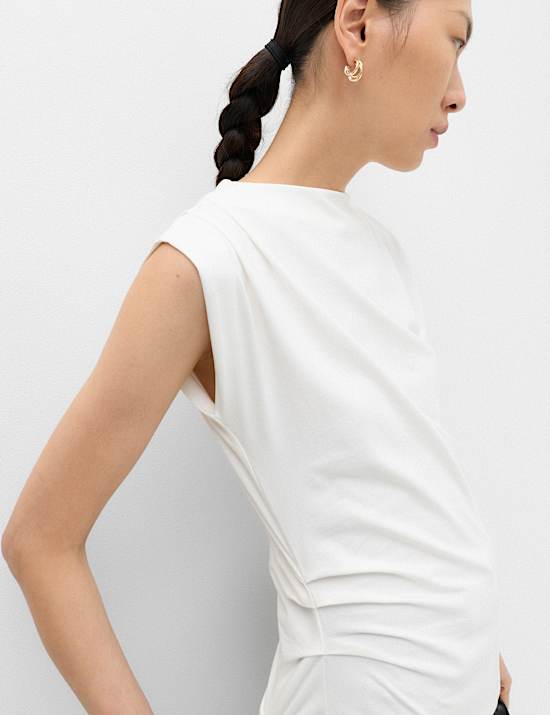 Cotton Rich Ribbed High Neck Asymmetric Top
