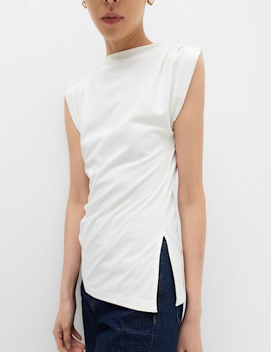 Cotton Rich Ribbed High Neck Asymmetric Top