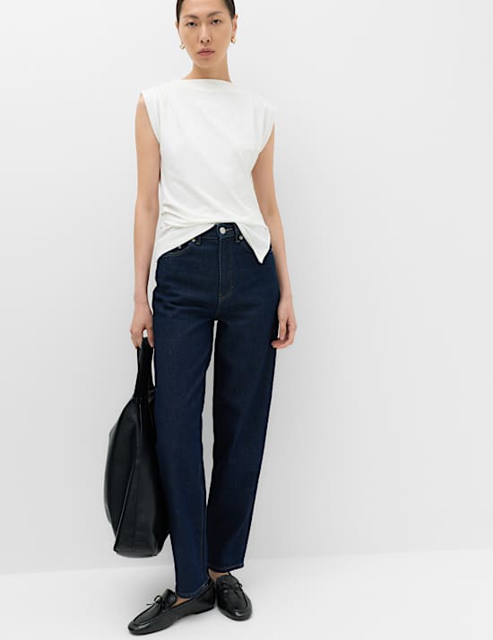 Cotton Rich Ribbed High Neck Asymmetric Top