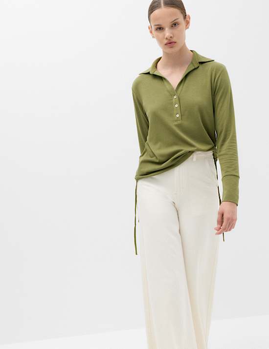 Long Sleeve Side Tie Polo Top with Cotton