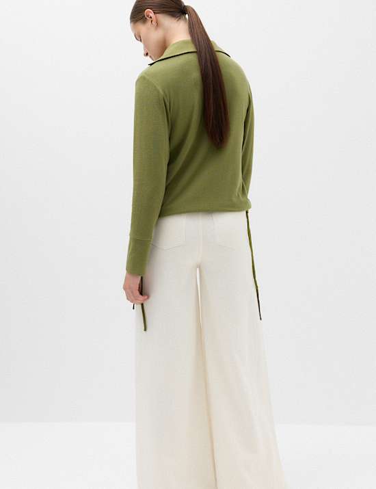 Long Sleeve Side Tie Polo Top with Cotton