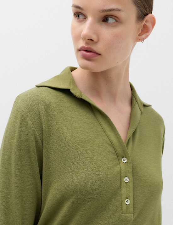 Long Sleeve Side Tie Polo Top with Cotton