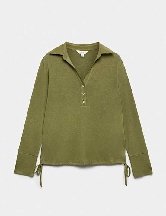 Long Sleeve Side Tie Polo Top with Cotton