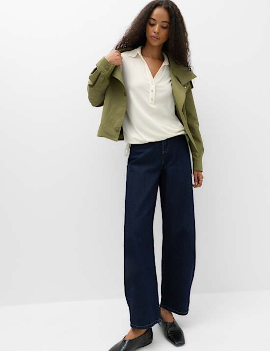 Long Sleeve Side Tie Polo Top with Cotton