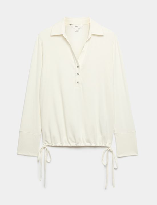 Long Sleeve Side Tie Polo Top with Cotton