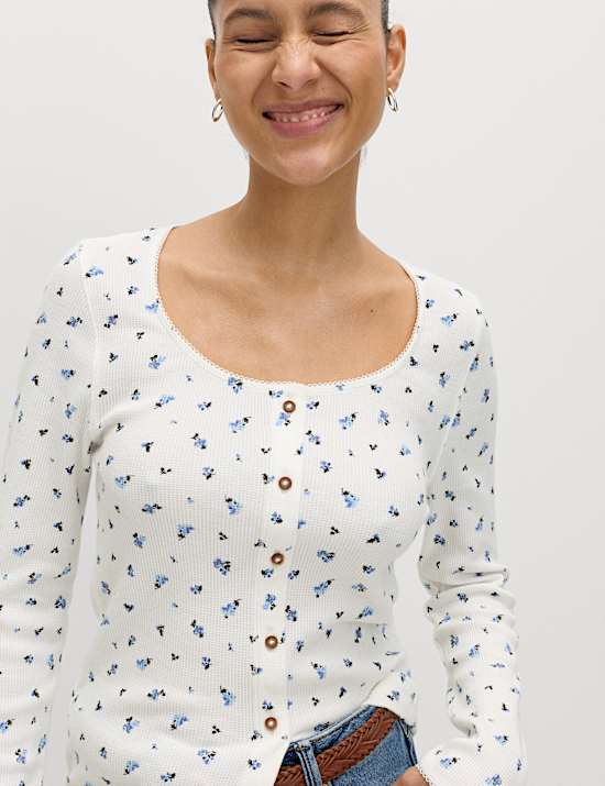 Pure Cotton Waffle Scoop Neck Top