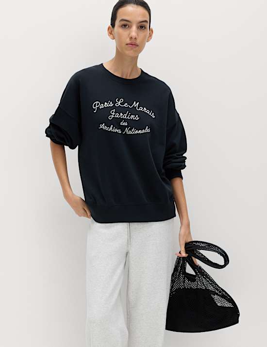 Pure Cotton Embroidered Slogan Sweatshirt