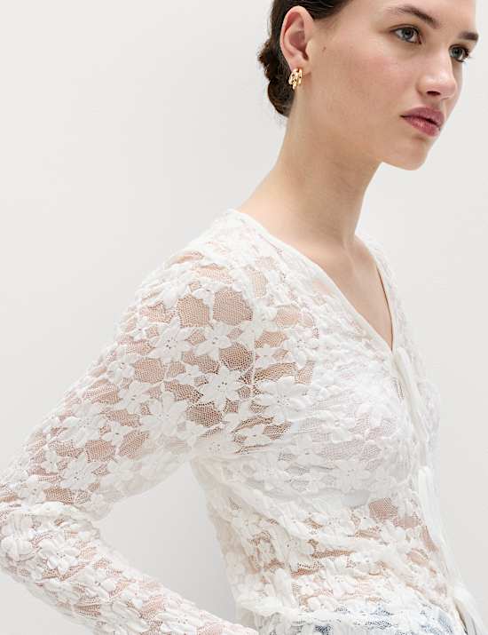 Cotton Blend Floral Lace Tie Front Top