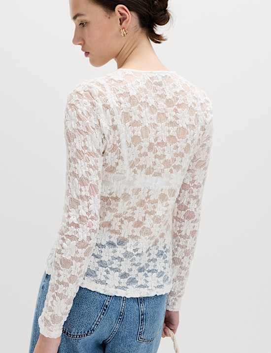Cotton Blend Floral Lace Tie Front Top