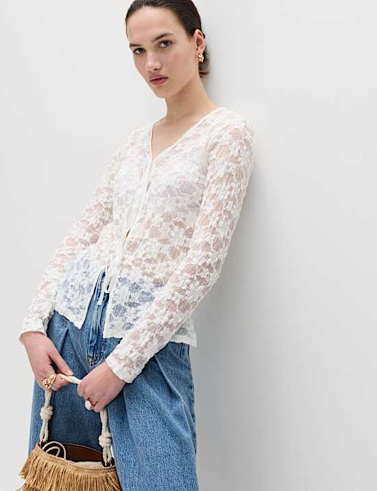 Cotton Blend Floral Lace Tie Front Top