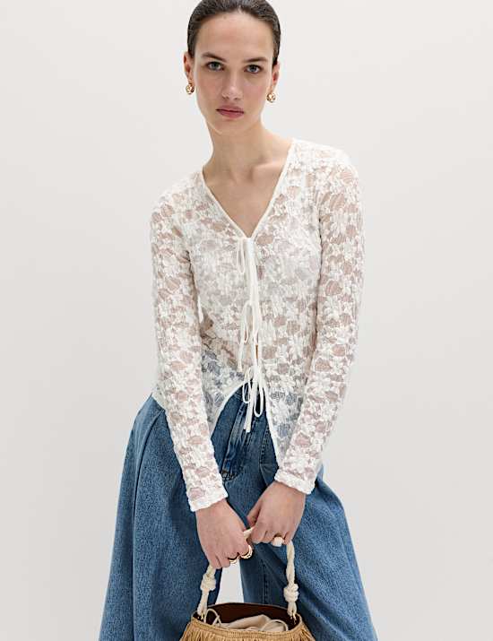 Cotton Blend Floral Lace Tie Front Top