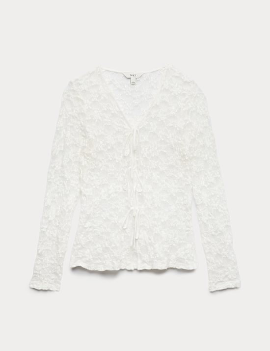 Cotton Blend Floral Lace Tie Front Top