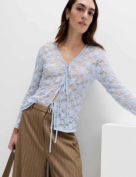 Cotton Blend Floral Lace Tie Front Top