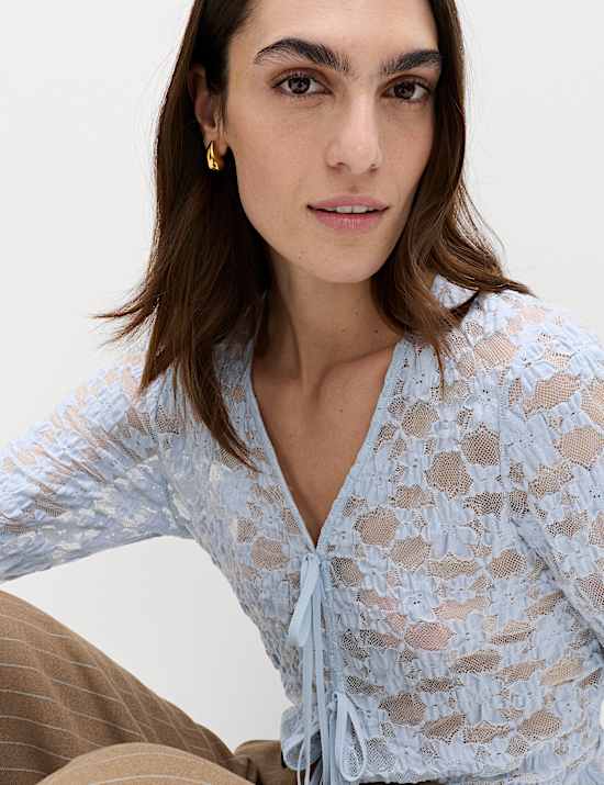Cotton Blend Floral Lace Tie Front Top