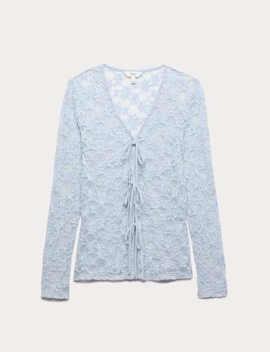 Cotton Blend Floral Lace Tie Front Top