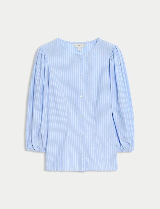 Pure Cotton Puff Sleeve Button Through Blouse