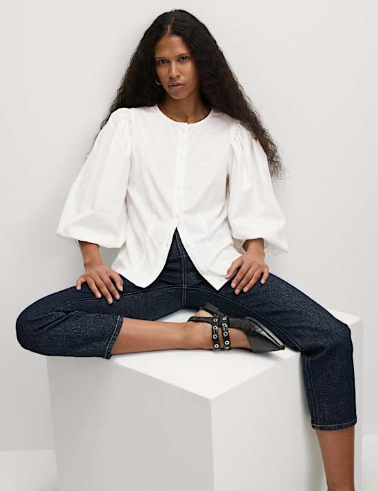 Pure Cotton Puff Sleeve Button Through Blouse