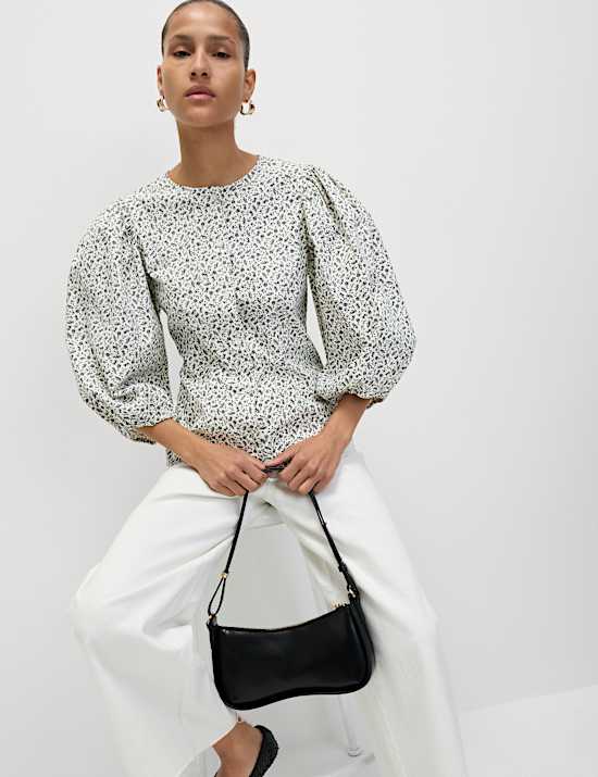 Pure Cotton Puff Sleeve Button Through Blouse