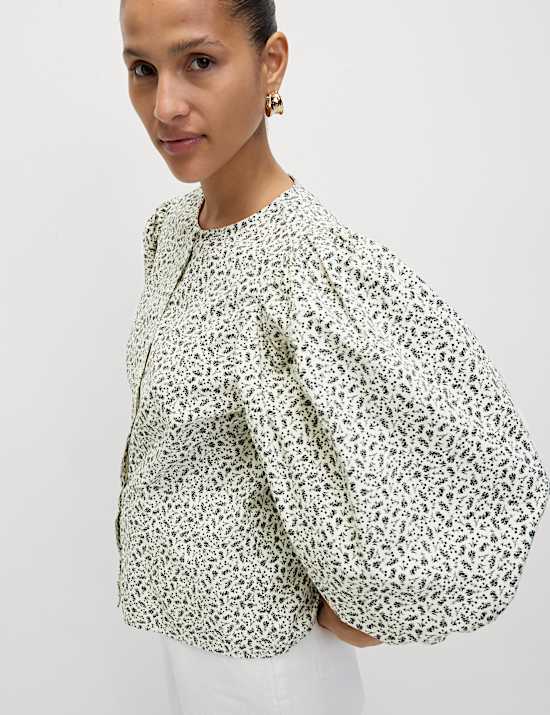 Pure Cotton Puff Sleeve Button Through Blouse