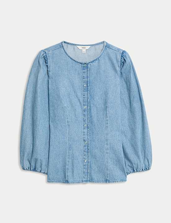 Denim-Bluse mit durchgehender Knopfleiste und Puffärmeln
