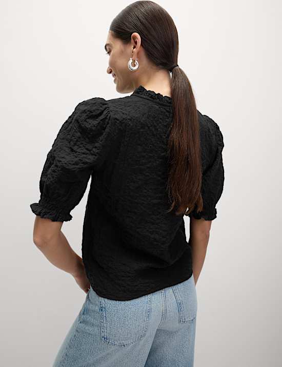 Cotton Rich Smocked Puff Sleeve Blouse