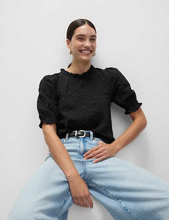 Cotton Rich Smocked Puff Sleeve Blouse