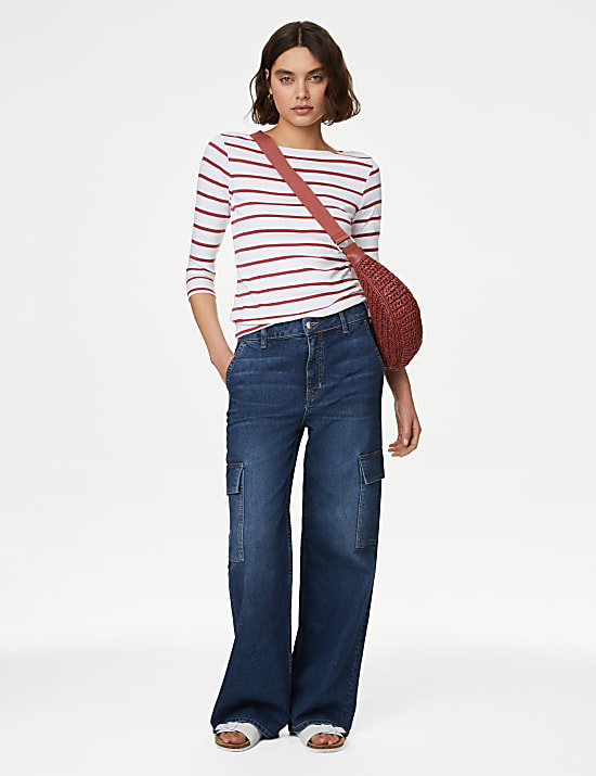 Pure Cotton Striped Slash Neck Slim Fit Top