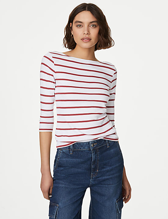 Pure Cotton Striped Slash Neck Slim Fit Top