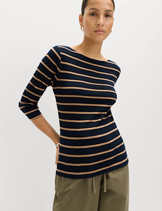 Pure Cotton Striped Slash Neck Slim Fit Top