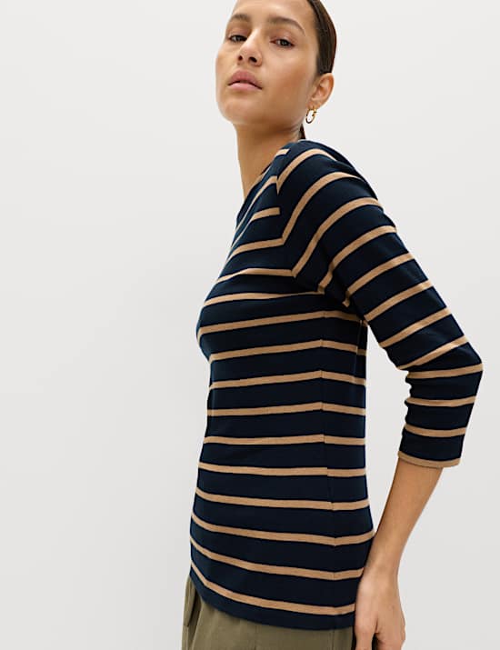 Pure Cotton Striped Slash Neck Slim Fit Top