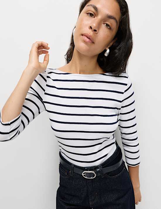 Pure Cotton Striped Slash Neck Slim Fit Top