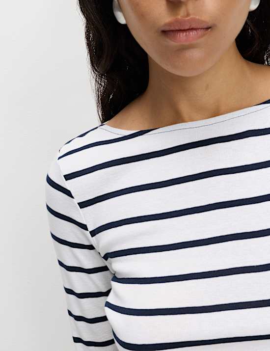 Pure Cotton Striped Slash Neck Slim Fit Top