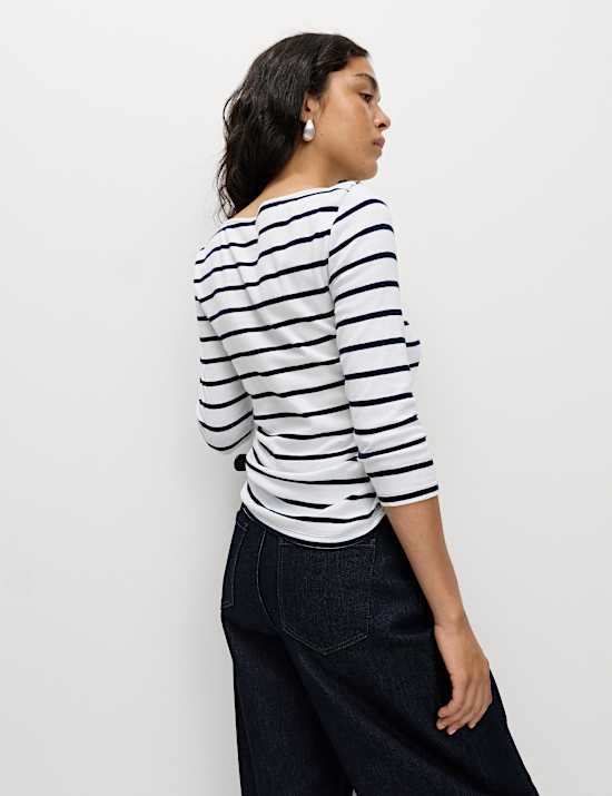Pure Cotton Striped Slash Neck Slim Fit Top
