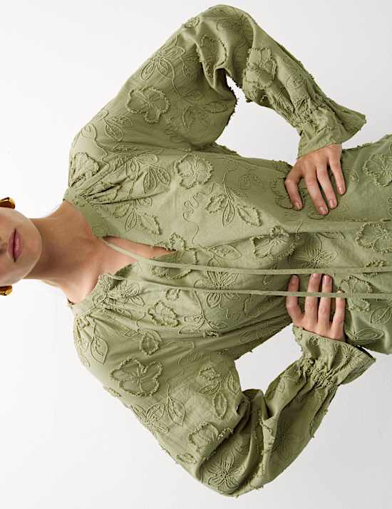 Pure Cotton Appliqué Tie Neck Blouse